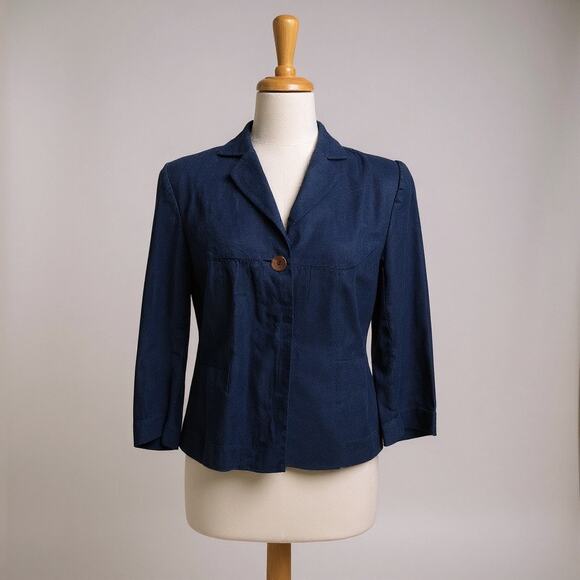 Madison Studio 100% Linen Lightweight Jacket Top Sz 6 Navy One Button 3/4 Sleeve - Picture 1 of 8